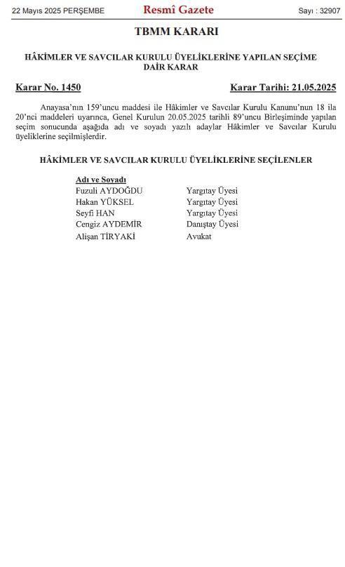 TBMM'den yapılan HSK üyeliği seçim sonuçları Resmi Gazete'de