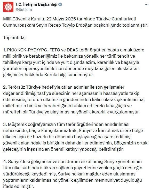 Fesih kararı sonrası ilk MGK: PKK'nın tasfiye süreci hassasiyetle takip edilecek