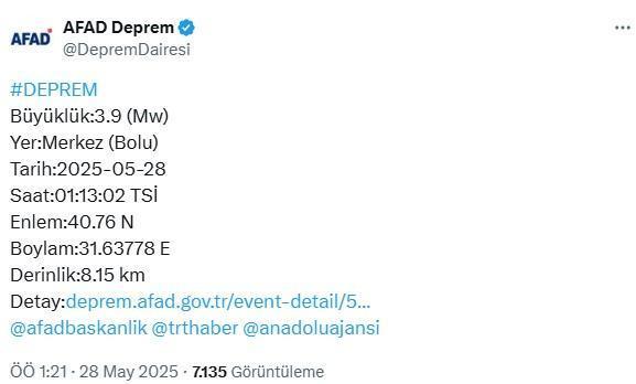 Bolu'da gece yarısı 3.9 büyüklüğünde deprem