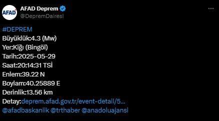 Bingöl'de 4.3 büyüklüğünde deprem
