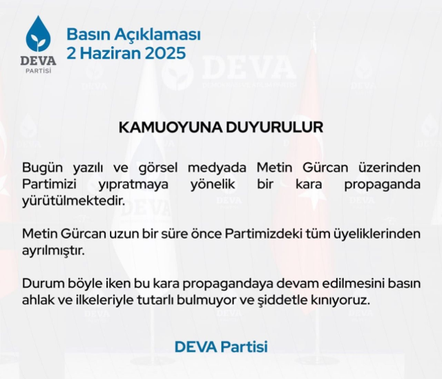 DEVA Partisi'nden Metin Gürcan tepkisi: Kara propaganda yürütülmektedir