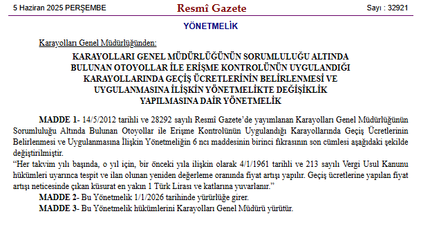 Otoyol geçiş ücretleri her yıl otomatik zamlanacak