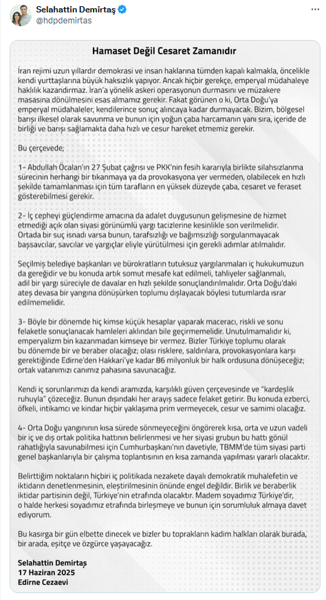 Selahattin Demirtaş'tan sürpriz çağrı! 4 madde sıraladı