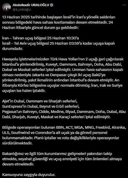 Ulaştırma ve Altyapı Bakanı Uraloğlu, iptal edilen seferleri tek tek açıkladı